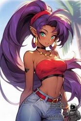 1girls ai_generated belt blue_eyes bracelets breasts choker earclip earrings enlightenedspaceman hair_scrunchie hoop_earrings jeans looking_at_viewer medium_breasts midriff navel necklace outside palm_tree ponytail purple_hair red_tubetop shantae shantae_(character) tubetop