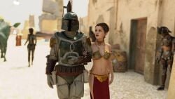 1boy 1boy1girl 1girls 3d alexbridger background_characters belly_dancer belly_dancer_outfit boba_fett braided_hair brown_eyes brown_hair cleavage collar female harem_girl harem_outfit loincloth long_hair mandalorian mandalorian_armor medium_breasts princess_leia_organa revealing_clothes slave slave_bikini slave_collar slave_leia slave_outfit slavegirl star_wars tatooine