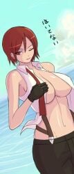 1girls beach big_ass big_breasts bisco_(letitbleed) breasts busty clothed clothed_female cute cute_face female gloves grabbing grabbing_own_breast hand_on_breast huge_breasts inviting japanese_text king_of_fighters light-skinned_female light_skin medium_hair nipple_bulge one_eye_closed open_clothes open_shirt outdoors outside pants public red_eyes red_hair red_tie sea seaside seductive seductive_look shirt short_hair showing_breasts sky sleeveless sleeveless_shirt smiley_face smiling standing suspenders taking_clothes_off text thick thick_thighs thighs tie undressing vanessa_(kof) voluptuous voluptuous_female water white_shirt wide_hips wink