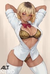 ai_generated altnerd arms_up artist_logo artist_name blonde_hair blue_eyes blush bra brown_hair buttons collared_shirt earrings gyaru hands_behind_head hi_res high_resolution highres jewelry kalea_(altnerd) leopard_print makeup medium_breasts multicolored_hair navel oc open_clothes panties patreon_logo patreon_url patreon_username pose red_bow revealing_clothes rolled_up_sleeves seductive seductive_eyes seductive_look seductive_smile short_hair simple_background sleeves_rolled_up smirk stable_diffusion standing tan_skin tanline tanlines thick_thighs thighhighs unbuttoned underwear watermark white_background white_shirt