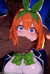 1boy1girl about_to_be_raped ai_generated big_breasts blue_eyes bons_ai bowtie clothed clothed_female clothed_female_nude_male covering_another's_mouth covering_mouth eyes_wide_open female from_behind gagged go-toubun_no_hanayome grabbing_from_behind green_bowtie hairbow hand_gagged hand_over_another's_mouth hand_over_mouth handgag imminent_rape kidnapped male nakano_yotsuba orange_hair surprised_expression