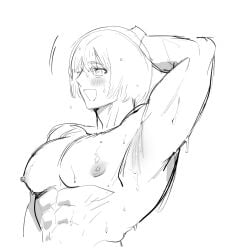 arm_up armpit armpit_fetish big_pecs blush bob_cut imai_cosmo kengan_(series) kengan_ashura laksi_kaaaaa male male_only monochrome muscular muscular_male pecs sketch smile solo sweat topless topless_male upper_body