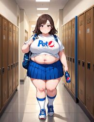 ai_generated brown_hair chubby fat midriff obese school skirt soda thick_thighs