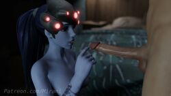 1boy 1girls 3d 3d_model arm_tattoo bedroom breasts female helmet hesitant looking_up low_light nude nude_female nude_male open_mouth overwatch penis purple_hair purple_skin tagme teasing thinking touching_penis widowmaker yellow_eyes