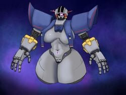 1_eye areola areola_slip big_breasts blue_areola breasts female front_view genitals grey_body gundam hi_res huge_breasts humanoid looking_at_viewer machine metallic_body mobile_suit msn-02_zeong navel nipple_outline pink_eyes purple_background pussy robot robot_humanoid shoulder_pads simple_background solo surosurorx79g text text_on_body text_on_pussy thick_thighs wide_hips