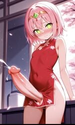 1futa ai_generated blush circlet cum dress erection futanari huge_cock red_dress small_breasts zynai