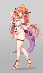 :d bare_shoulders blush bow breasts choker cleavage covered_nipples female from_side hair_ornament hand_up head_tilt hololive horn_bow horn_ornament horns kiryu_coco long_hair looking_at_viewer oerba_yun_fang one-piece_swimsuit open_mouth orange_hair pointy_ears purple_eyes red_choker scrunchie skin_fang skindentation smile solo star_(symbol) star_hair_ornament swimsuit tail thigh_strap twintails very_long_hair virtual_youtuber white_one-piece_swimsuit wrist_scrunchie zhen_lu