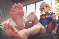 abs ai_assisted bare_legs barefoot blonde_hair blue_eyes breasts cape creamybiscuit dc dc_comics feet foot_focus legs muscular muscular_female red_cape short_hair skirt smile soles supergirl toes