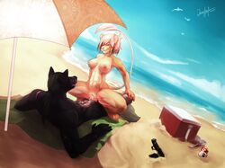 2015 abs anthro beach blue_eyes breasts canine cooler couple cowgirl_position duo eye_contact feline female female_on_top green_hair gun hair knot lion lioness lying male mammal marooned muscles muscular_female nude on_back on_top outside penetration penis pistol pussy ranged_weapon samanya_mohatu seaside sex spread_legs spreading straddling straight tek_l_war umbrella vaginal_penetration weapon wolf