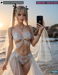 beach blonde_hair blue_eyes bride cross dead_or_alive dead_or_alive_4 dead_or_alive_5 dead_or_alive_xtreme_beach_volleyball dead_or_alive_xtreme_venus_vacation female female_focus female_only looking_at_viewer marie_rose navel navel_piercing selfie smiling standing twintails underboob wedding_dress wedding_lingerie