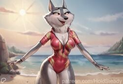 ai_assisted ai_generated anthro beach breasts female furry furry_girl grey_fur hand_on_hips holdsteady huge_breasts muscular_female ocean oiled patreon patreon_username porsha_crystal red_eyes sand seductive sing_(movie) sing_2_(movie) smile snout solo standing stretching sun sweat sweating tagme thin_clothing tight_clothing tongue transparent_clothing voluptuous wet wet_clothing white_fur white_swimsuit wolf_girl