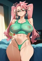 2d ai_generated big_breasts female female_focus female_only glasses highschool_of_the_dead indoors long_hair nipples_visible_through_clothing panties pink_hair saya_takagi solo solo_female solo_focus tagme tank_top twintails