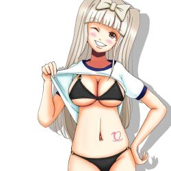 bagmozzarella belly_button_piercing bikini blush breasts d4dj flashing logo shiratori_kurumi shirt swimsuit tatoo