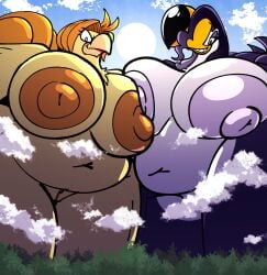 absurd_res anthro areola avian belly big_areola big_belly big_breasts big_nipples bird breasts chicken cloud curvy_figure detailed_background duo feathers female flora_(sachasketchy) forest galliform gallus_(genus) genitals hair hi_res karen_gold looking_at_viewer looking_down macro nipples non-mammal_breasts non-mammal_nipples orange_areola orange_hair orange_nipples phasianid plant purple_areola purple_body purple_feathers purple_hair purple_nipples pussy ramphastos sachasketchy standing sun thick_thighs toco_toucan toucan tree voluptuous white_body wide_hips yellow_body yellow_feathers