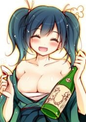 alcohol animated bare_shoulders blush bottle bouncing_breasts breasts cleavage closed_eyes drunk female hair_ribbon kantai_collection large_breasts long_hair open_clothes open_mouth png ribbon sake sake_bottle sarashi smile solo souryuu_(kantai_collection) tied_hair twintails ugoira