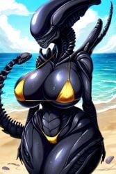 ai_generated alien_(franchise) big_breasts bikini female_xenomorph golden_bikini thick_thighs wide_hips xenomorph