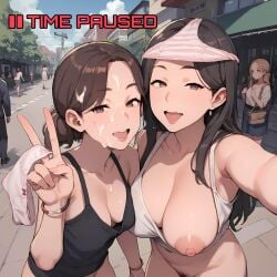 2girls absurd_res ai_generated areolae breasts brown_hair cum cum_on_face cum_on_hair female female_focus hi_res long_hair nicholascs nipples one_breast_out original panties panties_on_head peace_sign selfie time_stop underwear v_sign