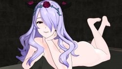 bedsheets camilla_(fire_emblem) camilla_(resplendent)_(fire_emblem) emilyblend34 official_alternate_costume purple_hair red_eyes solo_female