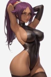 1girls acw ai_generated armpits bleach dark_skin erect_nipples_under_clothes large_breasts leotard long_hair ponytail purple_hair shihouin_yoruichi sideboob solo sweat thighhighs yellow_eyes