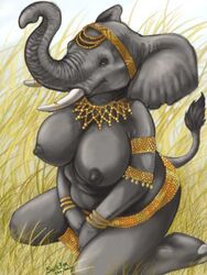 1girls anthro big_breasts breasts caribou_(artist) elephant female female_only grass grey_body jewelry kneeling mammal nipples nude solo thick_thighs tribal tusks western_art