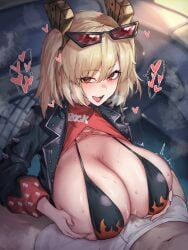 1boy absurdres bikini black_jacket blonde_hair breasts breasts_squeezed_together bulge burnice_white cleavage eyewear_on_head female highres jacket large_breasts looking_at_viewer medium_hair open_mouth paizuri paizuri_under_clothes radishkek red_eyes shorts smile straight swimsuit twintails white_shorts zenless_zone_zero