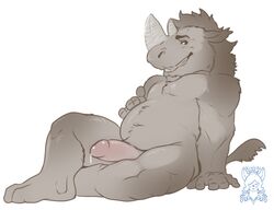 1boy chubby erection horn humanoid_penis korichi looking_at_viewer male male_only mammal nude penis precum rhinoceros seated solo wooly_rhinoceros