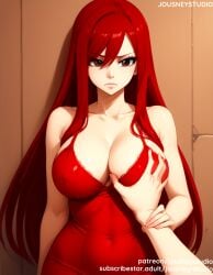 1boy ai_generated bangs bare_arms bare_shoulders blush breast_grab breasts brown_eyes clavicle cleavage closed_mouth clothing covered_navel dress erza_scarlet eyelashes fairy_tail female female frown grabbing groping guided_breast_grab guiding_hand hair_between_eyes holding_another's_wrist indoors jousneystudio large_breasts lips long_hair looking_at_viewer male navel parted_lips pov_hands red_dress red_eyes red_hair skin_tight sleeveless sleeveless_dress solo_focus straight thighs very_long_hair wall