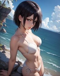 1girls 2d ai_generated ass athletic athletic_female attack_on_titan bare_shoulders beach belly big_breasts bikini curvy curvy_figure cute cute_face detailed eyelashes eyeshadow female female_only fit fit_female focus high_quality large_breasts legs light-skinned_female light_skin lips lipstick looking_at_viewer makeup mascara midriff mikasa_ackerman nero100 outdoors pale-skinned_female pale_skin posing seductive seductive_look shingeki_no_kyojin short_hair stable_diffusion thick_thighs