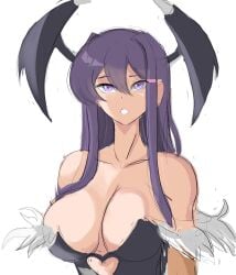 1girls big_breasts black_leotard breasts cleavage clothing clothing_cutout cosplay darkstalkers demon_wings doki_doki_literature_club embarassed female female_focus female_only fur_trim head_wings heart_cutout high_res huge_breasts large_breasts leotard long_hair morrigan_aensland morrigan_aensland_(cosplay) open_mouth purple_eyes purple_hair rakeemspoon sidelocks simple_background sketch solo upper_body vampire_(game) white_background wings yuri_(doki_doki_literature_club)