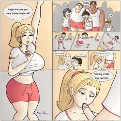 5boys big_breasts big_penis blonde_female blonde_hair blonde_hair blonde_hair_female breasts breasts_bigger_than_head comic dodgeball female glasses gym_teacher gym_uniform huge_breasts kairasin nerd nerdy nerdy_male penis penis_kiss penis_kissing speech_bubble teacher teacher_and_student text text_bubble