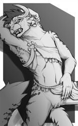 anthro charr clothed clothes feline female flat_chested fur furry greyscale guild_wars lying mammal monochrome on_back pussy skimpy slash0x solo uncensored upskirt video_games