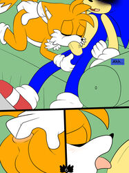 anal anal_fingering anal_sex anthro anus balls blue_eyes canine comic dialog fingering fox fur furry green_eyes hazardouss hedgehog licking male male_only mammal multiple_males no_humans oral oral_sex penetration penis sega sex sofa sonic_(series) sonic_the_hedgehog sucking tails tongue tongue_out video_games yaoi