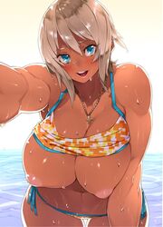 1girls big_breasts bikini bikini_lift blue_eyes blush breasts cleavage dark-skinned_female dark_skin female inverted_nipples large_breasts looking_at_viewer muscular_female necklace original pov sela_(sela_god) sela_god self silver_hair smiling solo swimsuit