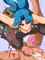 1boy 1girls alternate_breast_size ballbusting balls big_breasts blue_eyes blue_hair blush bondage breasts cbt censored cfnm cleavage clothed_female clothed_female_nude_male cock_and_ball_torture cum cumshot down_blouse earrings ejaculation emphasis_lines explosive female femdom grenade groin_kick hands-free handsfree_ejaculation highres huge_breasts jewelry kicking king_of_fighters knee knee_in_balls kneeing large_breasts leona_heidern long_hair mosaic_censoring nude_male pain penis ponytail purple_background sennen_komodo solo_focus straight tamakeri tank_top tied_hair