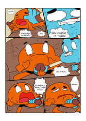 anthro biting_lip blue_fur clothing comic darwin_watterson feline fins fish fur gay gay_sex glans gumball_watterson handjob inside jerseydevil male mammal marine masturbation open_mouth orange_scales pants penis seat shirt shocked sofa the_amazing_world_of_gumball vein yaoi