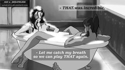 2girls artist_name asami_sato avatar_legends bath bathtub canon_couple dark-skinned_female dark_skin english_text female female_only human korra monochrome multiple_females sandralvv smooth_skin text the_avatar the_legend_of_korra water_tribe yuri