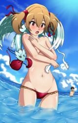 1girls aincrad ayano_keiko bikini embarrassed feathered_little_dragon female female_focus kirigaya_kazuto kirito male peaking pina_(sao) silica sonicbluespeed swimsuit sword_art_online topless