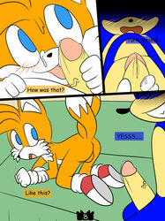 anthro anus ass backsack balls blue_eyes blush canine comic cum dialog fox fur furry green_eyes hazardouss hedgehog licking looking_back male male_only mammal multiple_males no_humans penis presenting presenting_hindquarters raised_tail sega sex smile sofa sonic_(series) sonic_the_hedgehog tails tongue tongue_out video_games yaoi