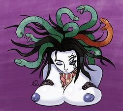 black_hair breasts bulldozerart female goddess inverted_nipples kid_icarus kid_icarus_uprising large_breasts long_hair long_tongue male male_focus medusa medusa_(kid_icarus) monster_girl nipples one_eye_closed paizuri penis scales snake snake_hair straight tattoo tongue