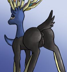 2014 antlers anus ass big_ass black_fur blue_eyes blue_fur blush cervine female fur horn legendary_pokemon looking_at_viewer looking_back ludicrousdisplay mammal nintendo plain_background pokemon pokemon_(species) presenting presenting_hindquarters pussy simple_background solo xerneas