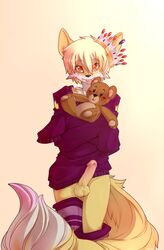 1boy amber_eyes anthro balls black_nose blonde_hair canine caninelove clothing cream_fur crossed_arms crown erection fox hair humanoid_penis looking_at_viewer male male_only mammal partially_clothed penis plain_background rigel_(lil-maj) royalty shirt smile solo standing teddy_bear tongue tongue_out