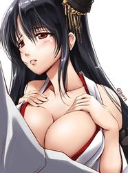 admiral_(kantai_collection) akatsuki_matsumoto bare_shoulders black_hair breasts detached_sleeves female fusou_(kantai_collection) hair_ornament highres huge_breasts japanese_clothes kantai_collection long_hair open_mouth red_eyes