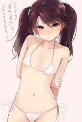 arms_behind_back bikini blush brown_eyes brown_hair collarbone female flat_chest holding_arm kantai_collection long_hair looking_at_viewer midriff mound_of_venus navel pink_background ryuujou_(kantai_collection) shu-cem side-tie_bikini simple_background solo swimsuit text tied_hair translation_request twintails white_bikini white_swimsuit