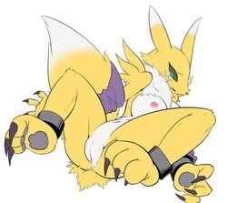 2014 anthro anus areola bandai breasts canine chest_tuft claws colored digimon erect_nipples female fox fur gloves kikunyi mammal navel nipples open_mouth pawpads paws plain_background pussy renamon solo tuft white_fur yellow_fur