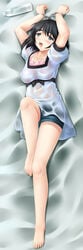 black_hair breasts clothed feet hair handcuffed large_breasts legs lying on_back shiina_mayuri short_hair steins;gate thighs toes wet