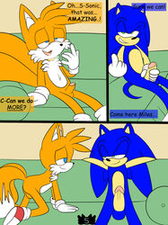 anthro balls blue_eyes canine comic cum dialog fox fur furry green_eyes hazardouss hedgehog male male_only mammal multiple_males no_humans penis seductive sega sex sofa sonic_(series) sonic_the_hedgehog tails video_games yaoi