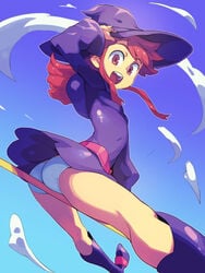 1girls 2013 akko_kagari ass bad_pixiv_id broomstick female little_witch_academia looking_at_viewer luna_nova_school_uniform metata open_mouth panties petite smile solo upskirt witch witch_hat