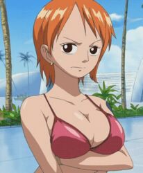 1girls animated animated_gif artist_request bikini bounce bouncing_breasts bra breasts female female_only gif human nami_(one_piece) one_piece orange_hair screenshot short_hair solo top