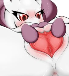 2014 anthro close-up female legendary_pokemon mega_evolution mega_mewtwo_y mewtwo mofumofu nintendo plain_background pokemon pokemon_(species) pussy red_eyes solo video_games white_background