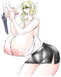 areolae blonde_hair blush breasts breasts_out cross female gigantic_breasts green_eyes handjob leaning_forward mole necklace nipples open_mouth penis psp(3dass) solo_focus thighs tongue tongue_out